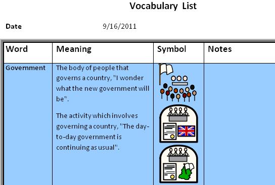 document to add to their vocabulary list or create a list from