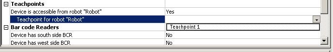 In the Teachpoints property group, set the following: a. Device is accessible from robot robot s name. Choose Yes or No. b. Teachpoint for robot robot s name. Choose a file.