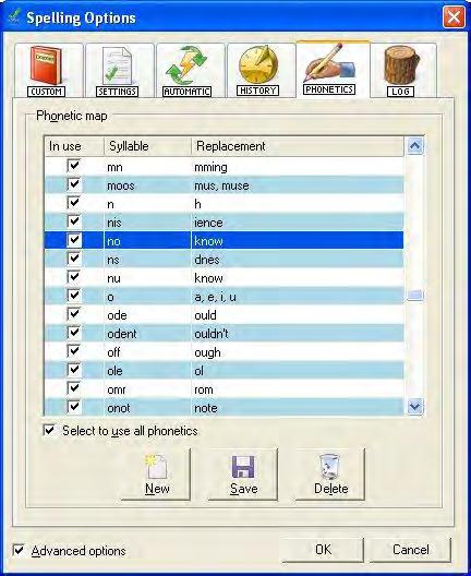 Spell checking Read&Write 10 Phonetic map list box Advanced options check box Figure 4-7 Phonetics tab The phonetic replacements already present on the phonetic map are listed in the Phonetic map