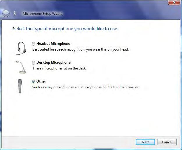 Using the Speech Input facility in Vista Read&Write 10 Figure 19-2 Microphone Setup Wizard 3. Follow the instructions in the wizard to ensure that the microphone is in the correct position.