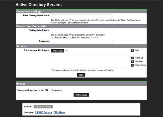 Procedure 1. Navigate to Home > SMU Administrator to display the Active Directory Servers page. 2. Enter the Base Distinguished Name.