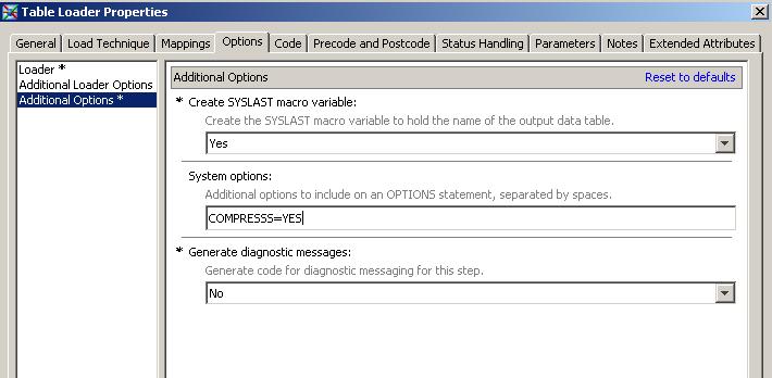 Compressing Data 133 Figure 5.1 The Options Tab in a Table Loader Properties Dialog Box in SAS Data Integration Studio all tables for a particular library.