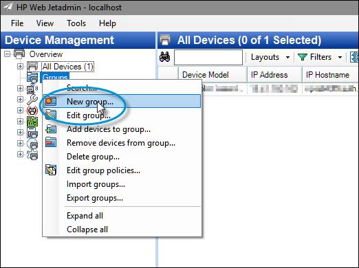 Creating and Adding Devices to a Web Jetadmin Group 1. In the Device Management navigation panel, right-click Groups, and then select New Group.