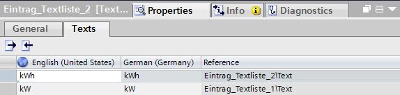 Select the entries with the text "kwh" and "kw" in the "text list entries" window.
