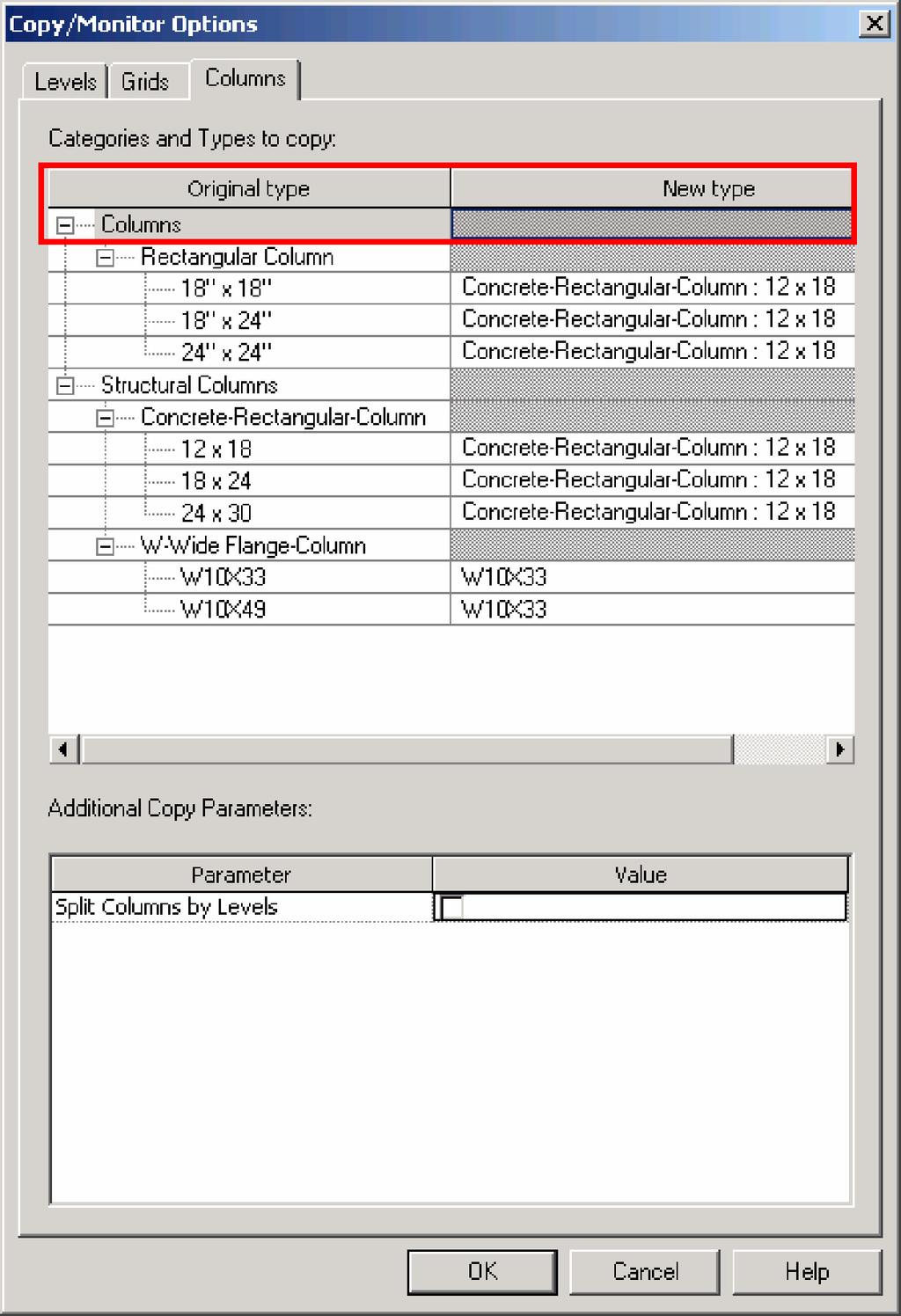 Copy columns Remember level difference between columns defined in Revit Structure and in Revit Building.