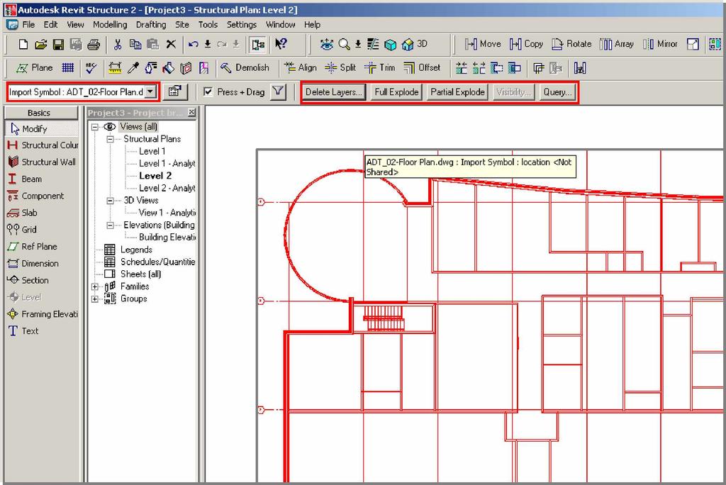 Interoperability with AutoCAD Import/Link DWG architectural 2D background When you import a drawing into Revit Structure, you are importing all the elements, such as blocks and xrefs from the drawing.