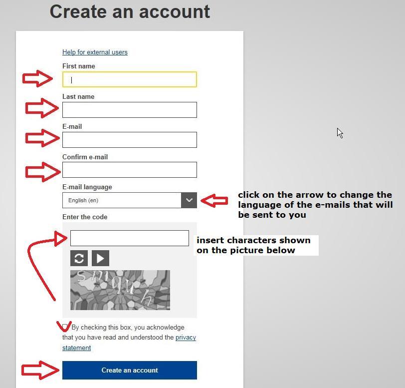 3. Complete the first four fields, insert characters shown on the picture in the field Enter the code, tick the box privacy statement and then click Create an account The letters in the captcha image