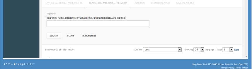 of peer networking capabilities. The Search the Yale Career Network Tab lists all of the active alumni in the system.