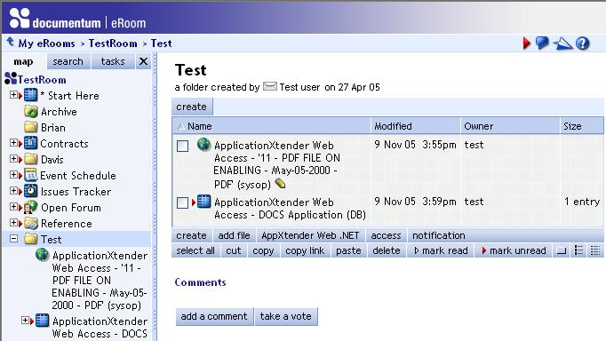Using the AppXtender Web Access.NET eroom Integration database row link were added to the same folder, which is the folder view from which the AppXtender Web.NET button was clicked.