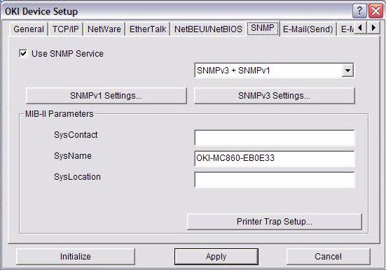 Set a name for the printer. Set a work group name to which the printer belongs. Set the comments for the printer (optional). SNMP Tab This allows you to configure SNMP related items.