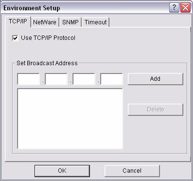 OPTION MENU In the Option menu, the following item can be selected: ITEM Use TCP/IP Protocol Use IPX/SPX Protocol Environment Setup EXPLANATION If this item is selected, AdminManager uses TCP/IP
