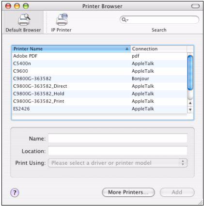CONNECTING TO YOUR PRINTER TIGER (10.4) Bonjour, AppleTalk or USB 1. Launch Printer Setup Utility This is located in the Applications > Utilities folder. 2. Click Add. 3.