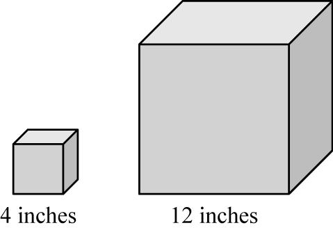 42. Aaron collects snow globes. The snow globes come in cube-shaped boxes as shown below. How does the change in the length of the sides from the smaller cube to the larger cube affect the volume? a. The volume increases by a factor of 8.