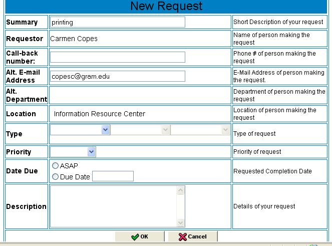 Track-It! Self-Service p. 4 of 6 The New Request box is the initial step in creating a work order.