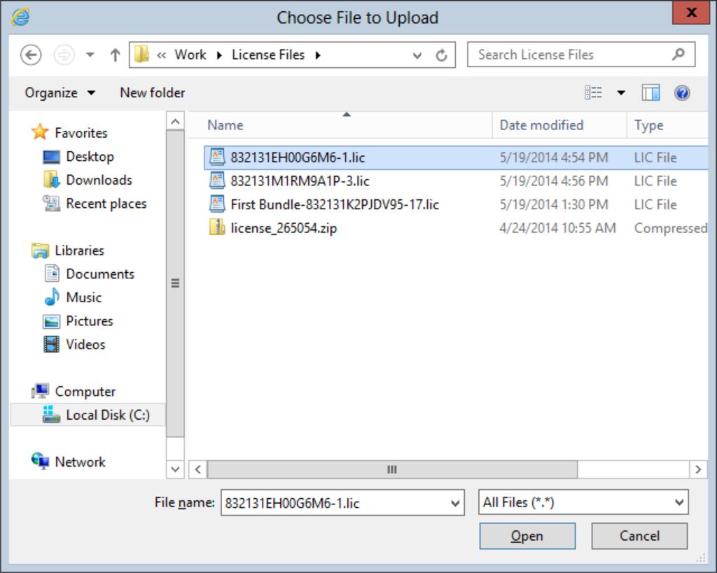 3. On the Choose File to Upload screen, locate the license file and click Open.