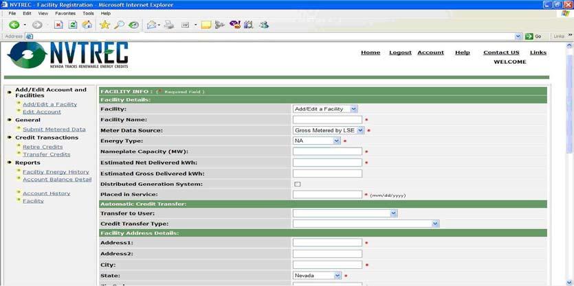 Figure 6 - Facility Registratin 5.1 Facility Registratin Frm The facility registratin frm can be accessed by clicking the Add/Edit a Facility link n the left hand sidebar f the accunt page.