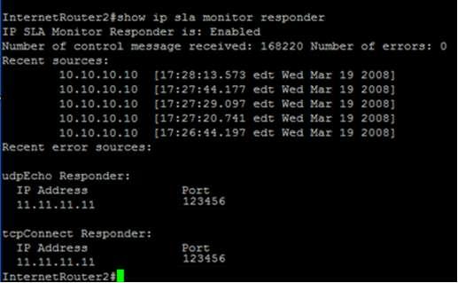 Verification of Responder Status: Router# show ip sla monitor responder For more details on responder configuration see: http://www.cisco.com/en/us/docs/switches/lan/catalyst2960/software/release/12.