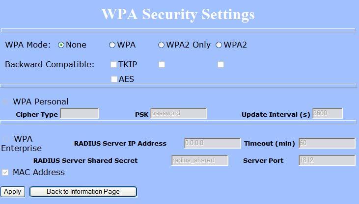 Chapter 3: Configuration Advanced Security Settings In this window you can enter WPA parameters. WPA provides a higher level of security, enhancing the security features of WEP.