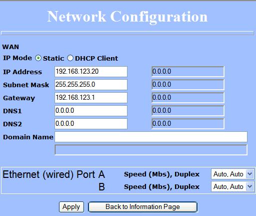 Chapter 3: Configuration Network Configuration In this window you can control the network configuration of the device.
