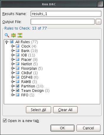 Step 3: Synthesizing and Implementing the Design 3. From the Run DRC dialog box, deselect all rules except Partition and Team D esign. Figure 8: Run Partition Design Rule Checks 4. Click OK.