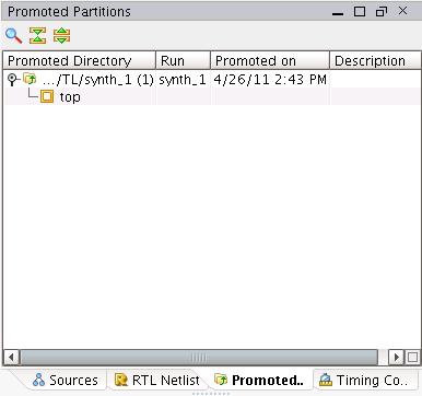 Step 4: Promoting Synthesis and Creating Team Member Projects 8. A Promoted Partitions tab now appears in the RTL Design view. If you do not see this tab, select Window > Promoted Partitions.