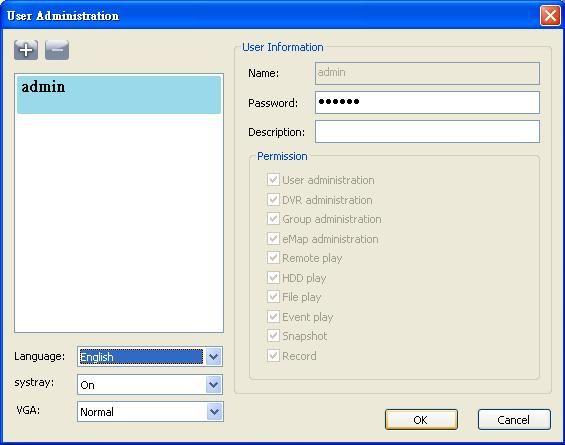 9-6.1 User administration Before the CMS can be used on a PC, user accounts should be added with proper authority. Each user should also be assigned a password and optionally a description.