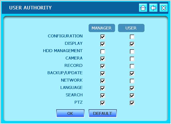 4) USER Authority - Set authority to access for each user grade. - Check checkbox of contents for MANAGER & USER menu. Corresponding user grade will have authority to access setting Menu as checked.