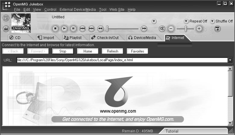 Importing audio files into your computer To use an EMD service 1 Click the Internet tab to display the Internet window. An introduction to the OpenMG Home Page appears on the window.