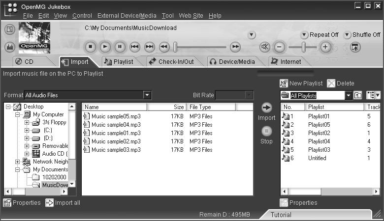 Importing audio files into your computer Notes on importing MP3 files To import MP3 files to the supplied OpenMG Jukebox software using the Windows 98 operating system, Microsoft Windows Media Player