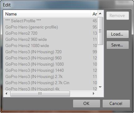 Importing the camera profile Via option Edit/Import, you can add, load (such as your own profiles, which you previously created using prodad DeFishr) and save Camera Profiles.