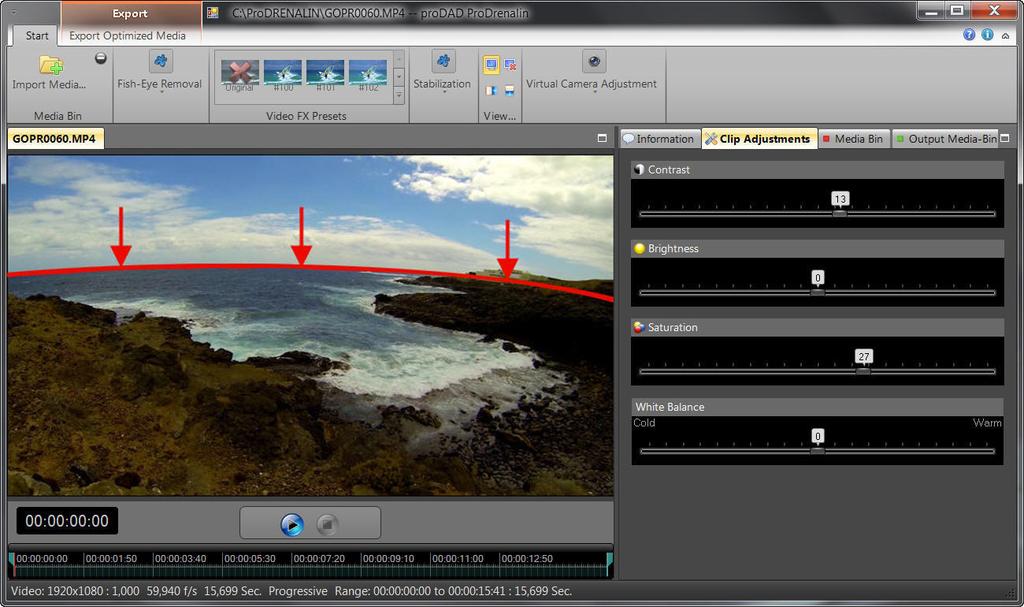 Directly after selecting the pre-installed profile GoPro Hero 3 the correction of the Fisheye effect will be shown in the preview.