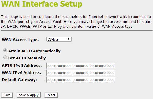 11. From the WAN Access Type drop-down list, select DS-Lite setting. 12. Configure related settings provided by your ISP. Type them in the relevant boxes. 13. Click Save & Apply. 14.