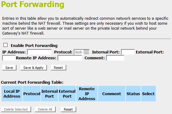 2. From the left-hand menu, click on Port Forwarding. The following page is displayed: 3. Check the option Enable Port Forwarding to enable the Enable Port Forwarding. 4.