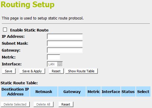 21 ROUTE SETUP This page is used to setup dynamic routing protocol or edit static route entry. 1.
