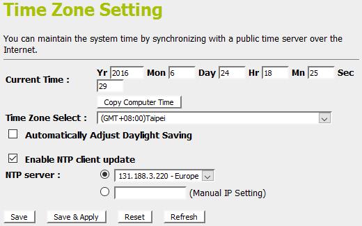 3. From the Time Zone Selectdrop-down list, select Your Own Time Zone. 4. Check the optionenable NTP client update. 5. From the NTP serverdrop-down list, select antp Server.