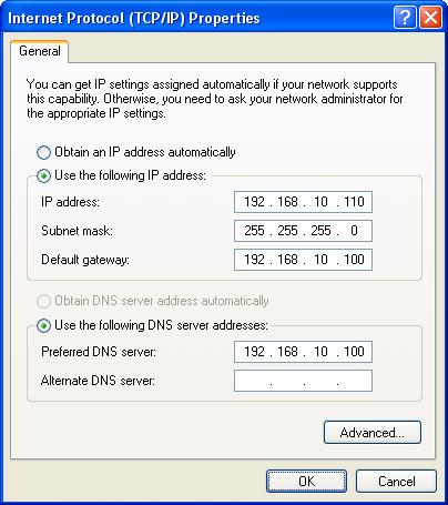 IP Address: 192.168.10.110 Subnet mask: 255.255.255.0 Default gateway: 192.168.10.100 Preferred DNS server: 192.168.10.100 Alternate DNS Server: If you have it, please also write it down.