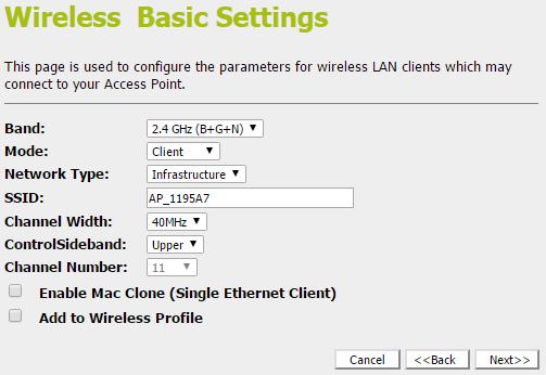 Client This page is used to configure the parameters for wireless LAN clients which may connect to your Access Point. 1. From the Band drop-down list, select a Band.