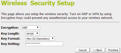 Click Next>>. Configuring WEP64bit Hex (10 characters)security The example set in this section is for 64bit encryption. 6. From the Encryption drop-down list, select WEP setting.