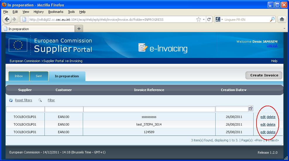 4. e-invoicing Graphical User Interface Figure 6 Mailbox (In preparation view) 4.2.1.3. Sent view The Sent view is the default mailbox view when entering the application.