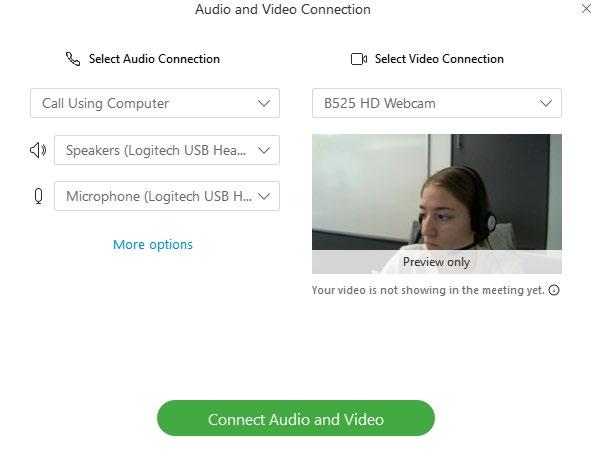 2. Click More options to test your microphone and speakers. By clicking Test next to the speakers, you should hear musical tones. Speak to see if your microphone is picking you up.