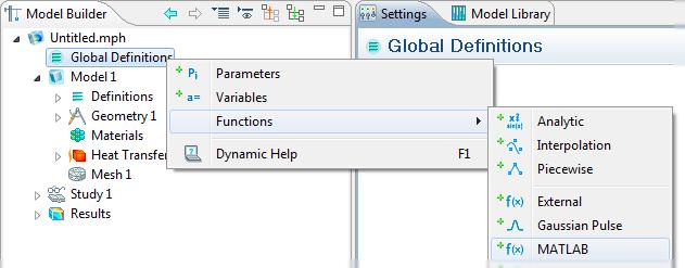 1 Right-click Global Definitions node and select Functions > MATLAB. 2 On the Settings page, under the Functions section in the Function field enter conductivity and under the Arguments field enter x.