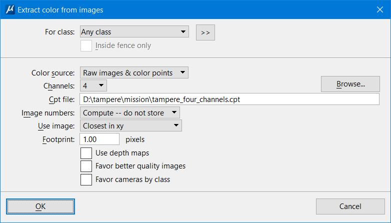Upto Ten Color Channels Extract color from images can now extract upto 10 channels of color information Color storage: TerraScan