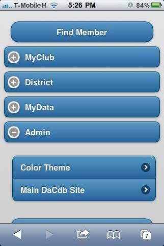 Admin Expanding the Admin menu on the Home Screen reveals two sub-menu items. The Admin Menu item at launch is: Color Theme. This allows you to change the color of this mobile site. Main DaCdb Site.