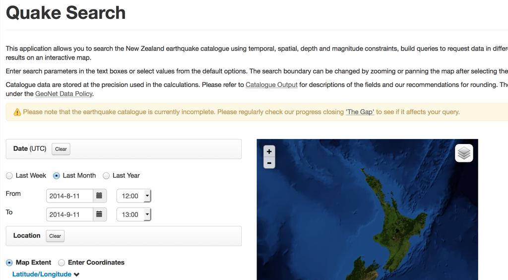 Earthquake data in geonet.org.nz There is are large gaps in the 2012 and 2013 data, so let s not use it. Instead we ll use a previous year. Go to http://http://quakesearch.geonet.org.nz/ At the screen, click on the CLEAR button, so that it doesn t assume you want data from last week, last month, or last year.