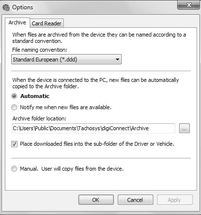 DigiConnect Windows Software Open Archive Folder... This option allows you to quickly navigate to the Driver Card and Vehicle Unit file archive directory.