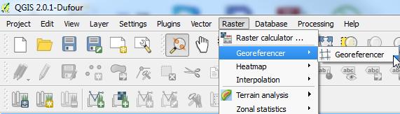 Georeferencing an image 1. Choose the Georeferencer tool from the Raster menu. Select Open Raster from the File menu.