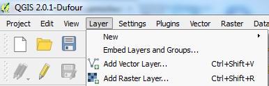 Loading a layer (Raster or Vector) Loading an existing layer is done through the Layer menu, either by choosing Add Raster Layer or Add Vector Layer