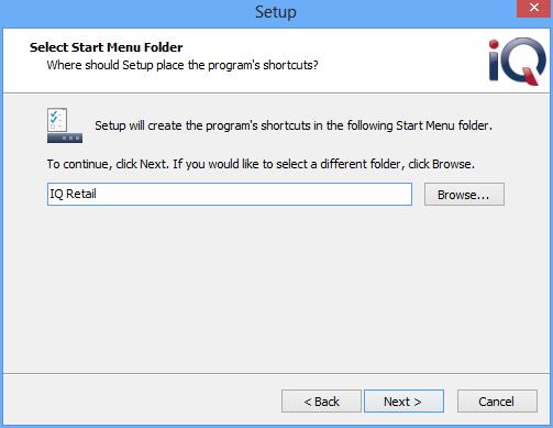 The Select Start Menu Folder will install the IQ Retail Menu in