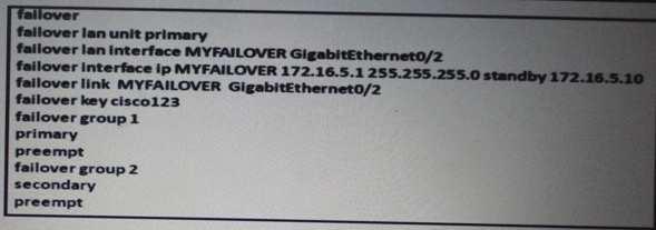 QUESTION 17 Refer to the exhibit. Which command enables the stateful failover option? A. failover link MYFAILOVER GigabitEthernet0/2 B. failover lan interface MYFAILOVER GigabitEthernet0/2 C.