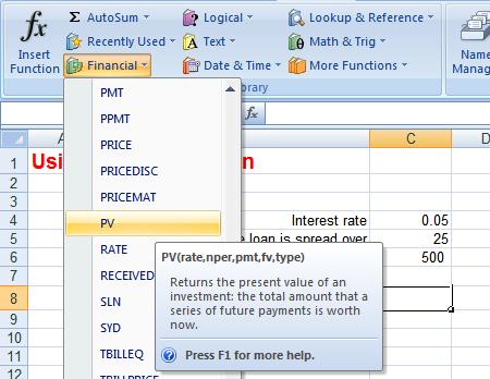 Excel 2007 Advanced - Page 28 The Function Arguments dialog box will be displayed: Click in the Rate section of the dialog box and enter C4/12 (to calculate the rate on a monthly basis).